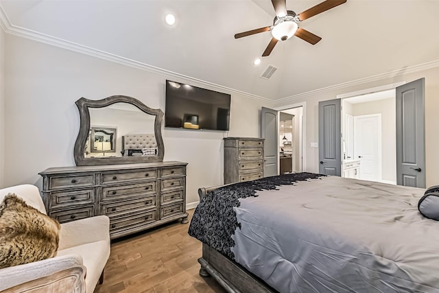 1939 Heather Canyon Dr, Pearland, TX 77089 - bedroom with crown molding, lofted ceiling, wood finished floors, recessed lighting, and connected bathroom