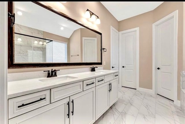 1939 Heather Canyon Dr, Pearland, TX 77089 - bathroom featuring marble finish floors, double vanity, and a shower stall
