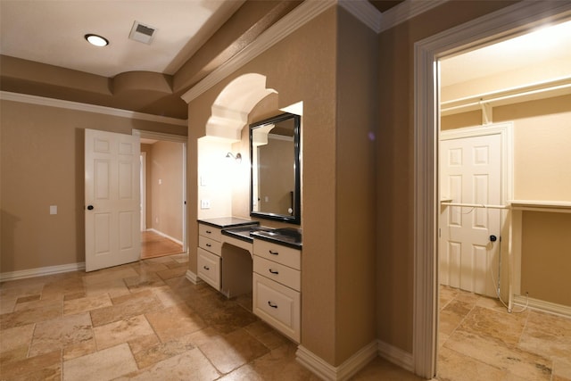6709 Jay Rd, Hitchcock, TX 77563 - bathroom featuring stone tile floors, vanity, and crown molding