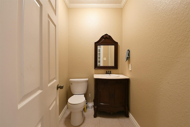 6709 Jay Rd, Hitchcock, TX 77563 - half bath with tile patterned floors, vanity, and ornamental molding