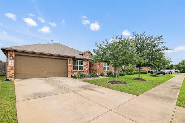 6914 Arcadia Meadow Ct, Richmond, TX 77407 - ranch-style house featuring brick siding, an attached garage, concrete driveway, a front lawn, and a shingled roof