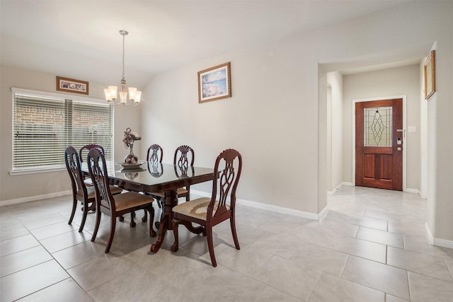 6914 Arcadia Meadow Ct, Richmond, TX 77407 - dining space with a chandelier, light tile patterned floors, and vaulted ceiling