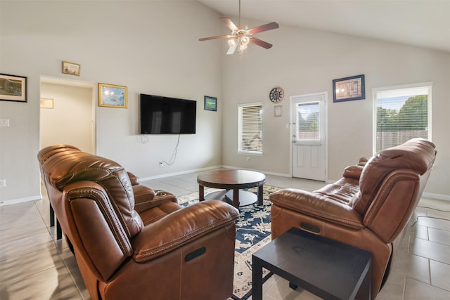 6914 Arcadia Meadow Ct, Richmond, TX 77407 - living room with ceiling fan, high vaulted ceiling, and light tile patterned flooring