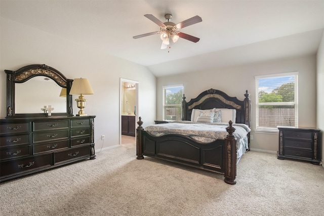 6914 Arcadia Meadow Ct, Richmond, TX 77407 - bedroom featuring carpet flooring, lofted ceiling, a ceiling fan, and connected bathroom