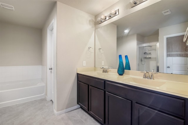 6914 Arcadia Meadow Ct, Richmond, TX 77407 - full bath featuring double vanity, a stall shower, a garden tub, and tile patterned floors