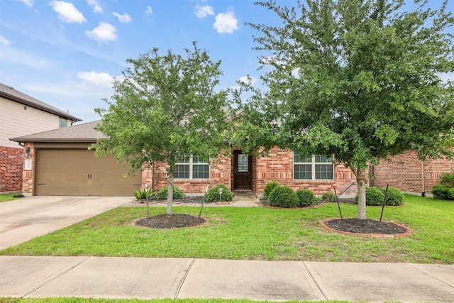 6914 Arcadia Meadow Ct, Richmond, TX 77407 - obstructed view of property featuring brick siding, an attached garage, concrete driveway, and a front yard
