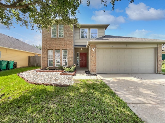 2317 Shady Pine Dr, Conroe, TX 77301 - traditional-style home with concrete driveway, a garage, and brick siding