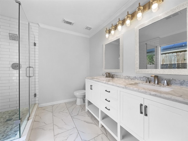 2317 Shady Pine Dr, Conroe, TX 77301 - bathroom with crown molding, double vanity, marble finish flooring, and a stall shower