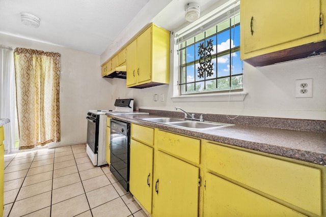 11302 Murr Way, Houston, TX 77048 - kitchen featuring electric stove, dark countertops, black dishwasher, light tile patterned flooring, and under cabinet range hood