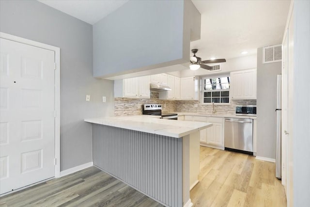 4747 Nasa Pkwy Unit 110, Seabrook, TX 77586 - kitchen featuring appliances with stainless steel finishes, under cabinet range hood, backsplash, ceiling fan, and white cabinetry