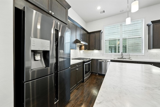 4106 Schuler St, Houston, TX 77007 - kitchen featuring appliances with stainless steel finishes, dark brown cabinets, decorative backsplash, dark wood finished floors, and hanging light fixtures