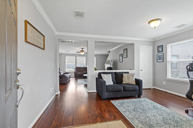 29406 Legends Stone Dr, Spring, TX 77386 - living area featuring ornamental molding, wood finished floors, and ceiling fan