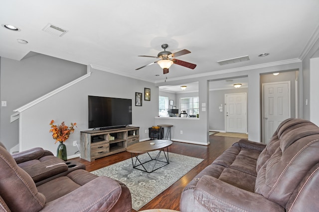 29406 Legends Stone Dr, Spring, TX 77386 - living room featuring a ceiling fan, dark wood-style floors, crown molding, and recessed lighting