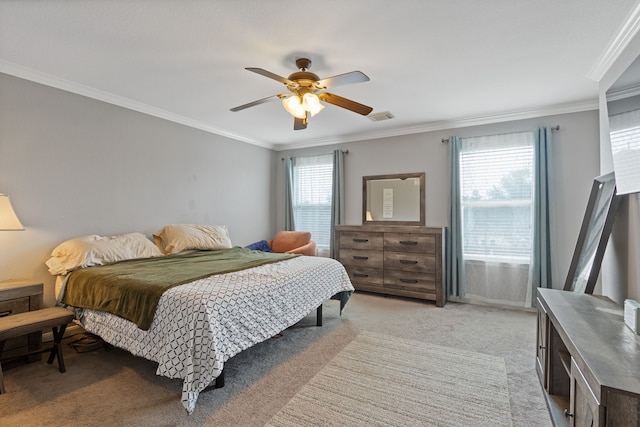29406 Legends Stone Dr, Spring, TX 77386 - bedroom with multiple windows, crown molding, light carpet, and a ceiling fan