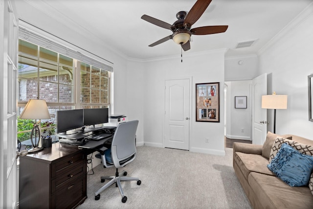 14107 Park Antique Ln, Cypress, TX 77429 - home office with plenty of natural light, crown molding, a ceiling fan, and light carpet