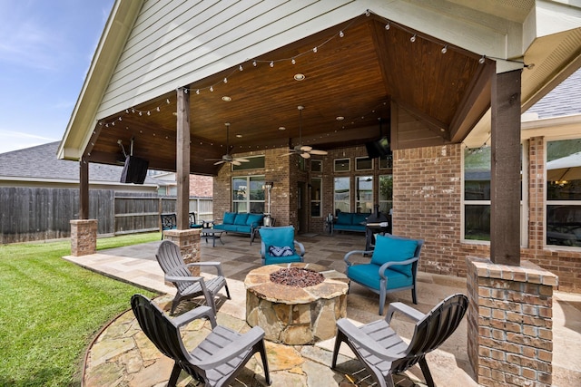 14107 Park Antique Ln, Cypress, TX 77429 - view of patio / terrace featuring an outdoor living space with a fire pit and a ceiling fan