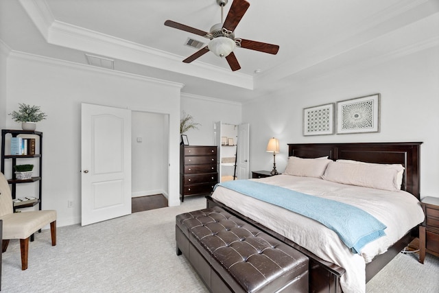 14107 Park Antique Ln, Cypress, TX 77429 - bedroom featuring a tray ceiling, crown molding, carpet, and a ceiling fan
