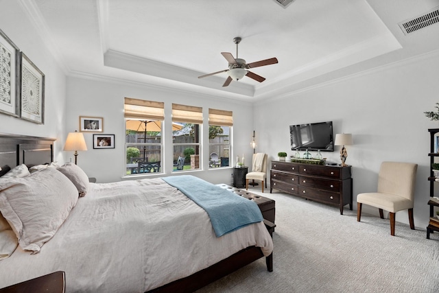 14107 Park Antique Ln, Cypress, TX 77429 - bedroom with a raised ceiling, carpet, crown molding, and ceiling fan