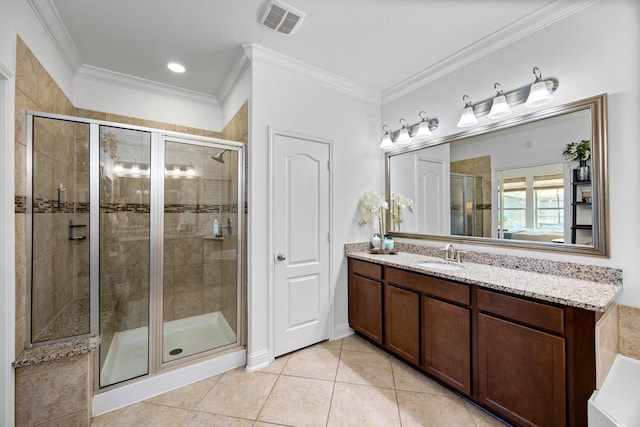14107 Park Antique Ln, Cypress, TX 77429 - full bathroom featuring tile patterned floors, a shower stall, vanity, and crown molding