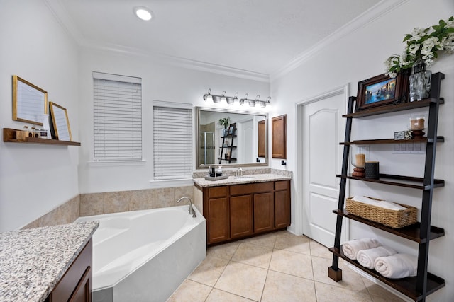 14107 Park Antique Ln, Cypress, TX 77429 - full bathroom featuring vanity, a bath, tile patterned floors, and ornamental molding