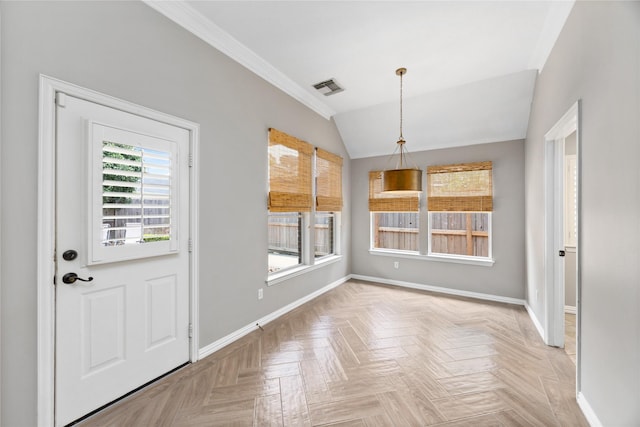 13718 Sherburn Manor Dr, Cypress, TX 77429 - unfurnished dining area featuring vaulted ceiling and crown molding