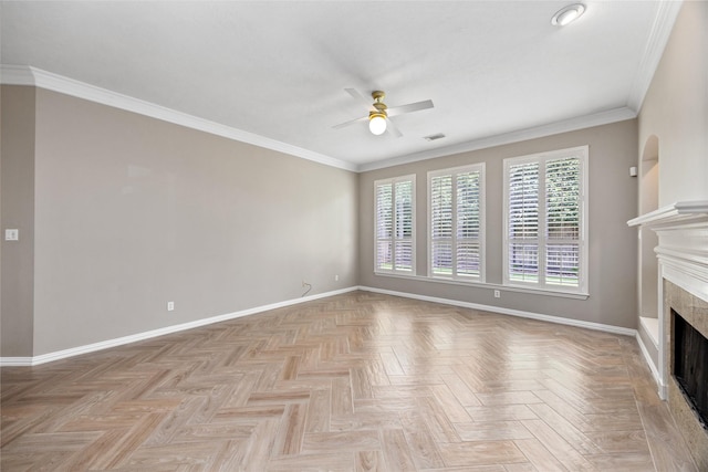 13718 Sherburn Manor Dr, Cypress, TX 77429 - unfurnished living room featuring a ceiling fan, a tiled fireplace, and crown molding