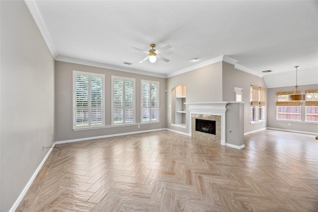 13718 Sherburn Manor Dr, Cypress, TX 77429 - unfurnished living room with a ceiling fan, a tile fireplace, and crown molding