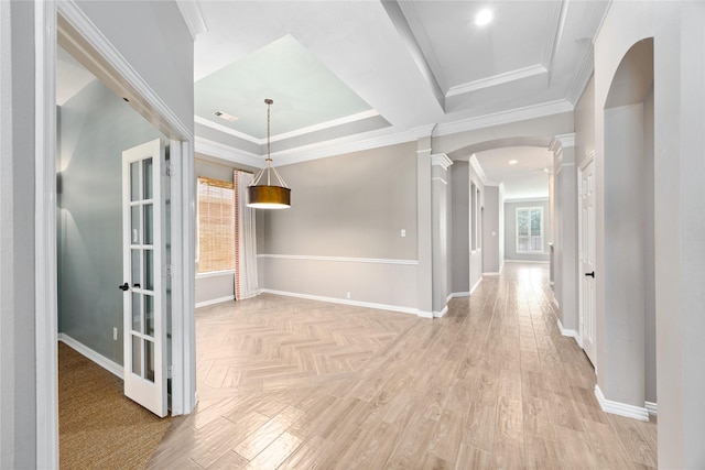 13718 Sherburn Manor Dr, Cypress, TX 77429 - hall with decorative columns, arched walkways, ornamental molding, and light wood finished floors