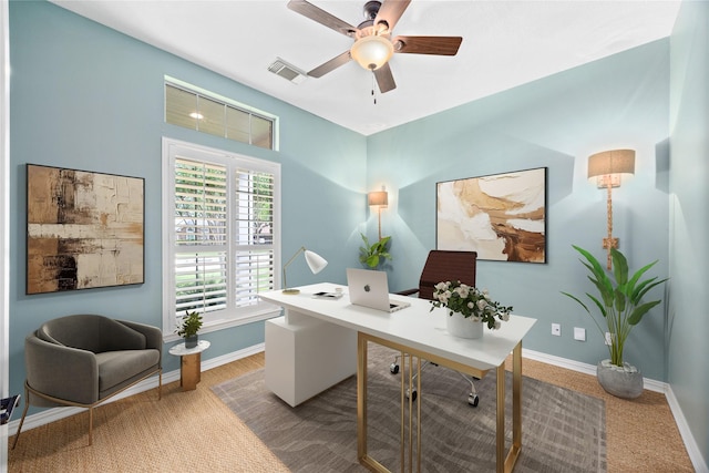 13718 Sherburn Manor Dr, Cypress, TX 77429 - carpeted home office with a ceiling fan and baseboards