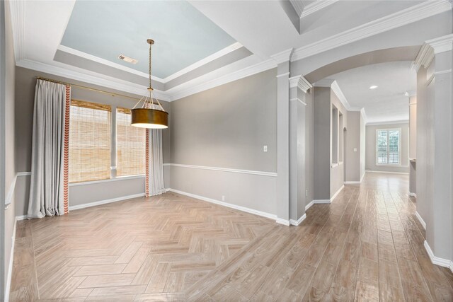 13718 Sherburn Manor Dr, Cypress, TX 77429 - unfurnished room with ornate columns, arched walkways, and crown molding