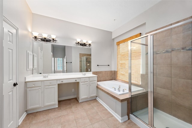 13718 Sherburn Manor Dr, Cypress, TX 77429 - bathroom featuring double vanity, a shower stall, a garden tub, and tile patterned flooring