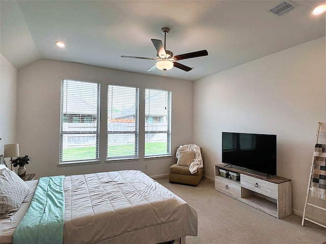 19022 Palizzi Ridge Ln, New Caney, TX 77357 - bedroom with light colored carpet, ceiling fan, recessed lighting, and lofted ceiling