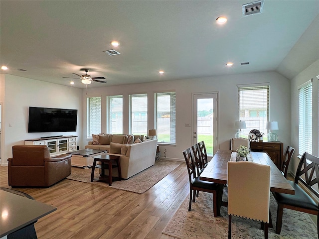 19022 Palizzi Ridge Ln, New Caney, TX 77357 - dining room with light wood-type flooring, ceiling fan, recessed lighting, and lofted ceiling