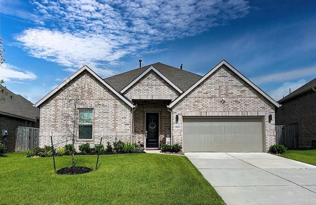 19022 Palizzi Ridge Ln, New Caney, TX 77357 - view of front of house featuring an attached garage, a front yard, brick siding, driveway, and roof with shingles