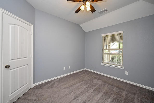 23014 Indigo Prairie Ln, Katy, TX 77493 - unfurnished room featuring ceiling fan, dark carpet, and vaulted ceiling