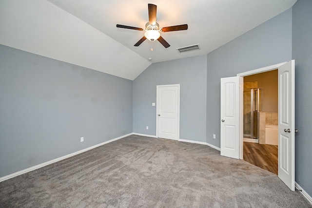 23014 Indigo Prairie Ln, Katy, TX 77493 - unfurnished bedroom featuring vaulted ceiling, carpet, and ceiling fan