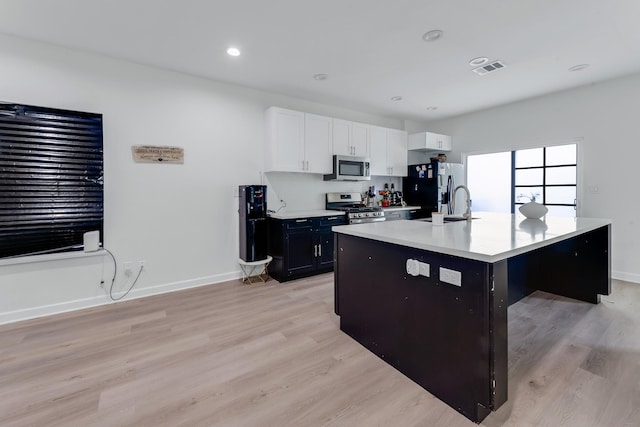 727 E 40th St, Houston, TX 77022 - kitchen featuring appliances with stainless steel finishes, white cabinetry, light countertops, light wood-style floors, and a kitchen island with sink