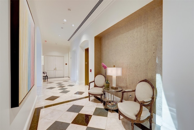 1100 Uptown Park Blvd Unit 23, Houston, TX 77056 - corridor featuring arched walkways, tile patterned flooring, ornamental molding, recessed lighting, and inlaid floor details