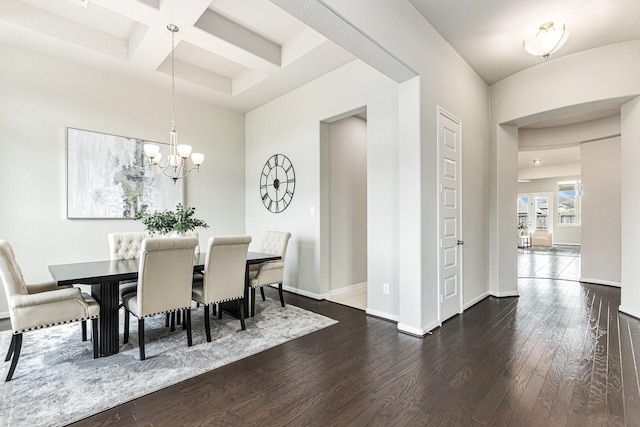 13603 Sandford Meadow Ln, Cypress, TX 77429 - dining area with dark wood-type flooring, coffered ceiling, beamed ceiling, and a chandelier