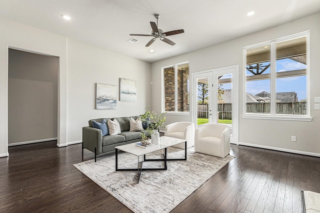 13603 Sandford Meadow Ln, Cypress, TX 77429 - living room with a ceiling fan, healthy amount of natural light, dark wood-style floors, french doors, and recessed lighting