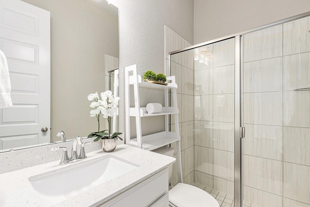 13603 Sandford Meadow Ln, Cypress, TX 77429 - bathroom featuring vanity, a stall shower, and a textured wall