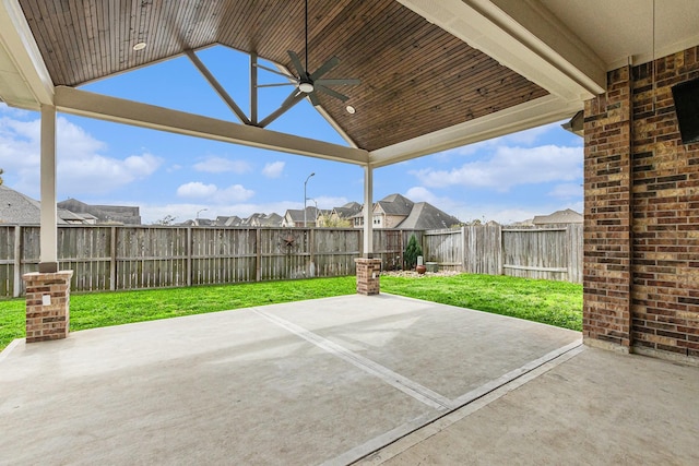 13603 Sandford Meadow Ln, Cypress, TX 77429 - fenced backyard featuring ceiling fan, a patio, and a residential view