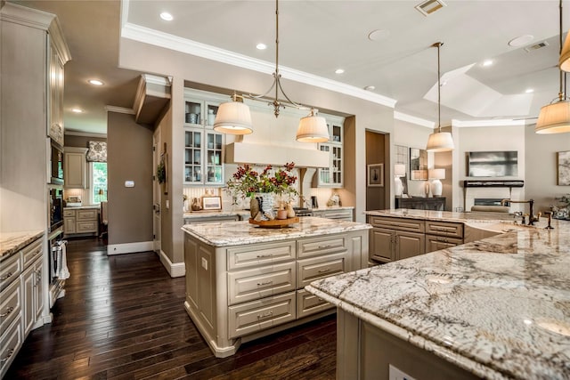 27 S Glenwild Cir, The Woodlands, TX 77389 - kitchen with a spacious island, crown molding, dark wood-type flooring, glass insert cabinets, and light stone countertops