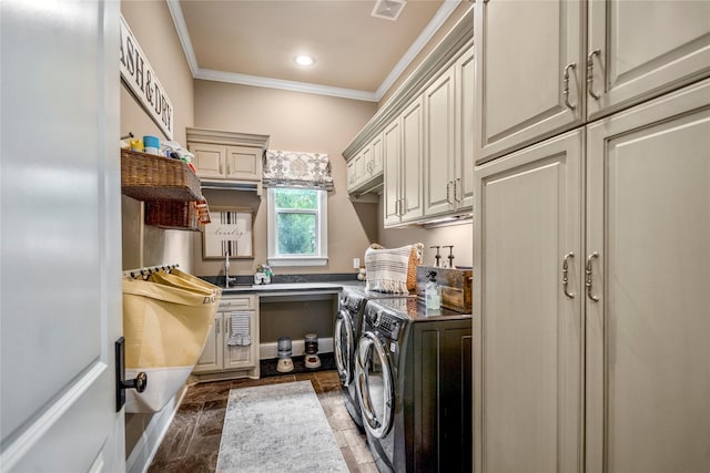27 S Glenwild Cir, The Woodlands, TX 77389 - laundry area featuring cabinet space, independent washer and dryer, crown molding, and recessed lighting