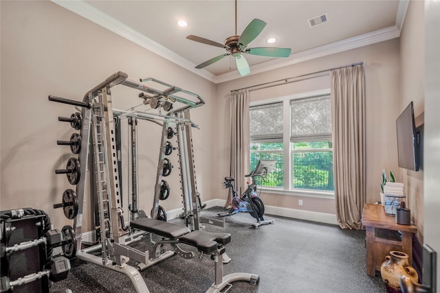 27 S Glenwild Cir, The Woodlands, TX 77389 - exercise area featuring ceiling fan, crown molding, and recessed lighting