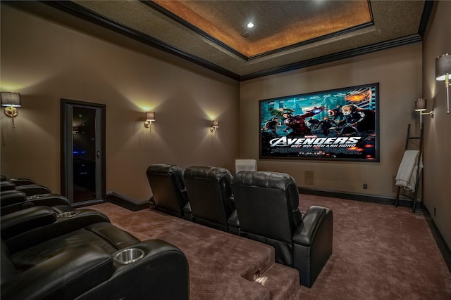27 S Glenwild Cir, The Woodlands, TX 77389 - cinema room featuring carpet, a raised ceiling, and ornamental molding