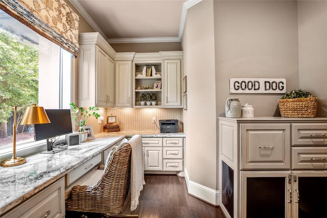 27 S Glenwild Cir, The Woodlands, TX 77389 - office with built in study area, dark wood-style flooring, and crown molding