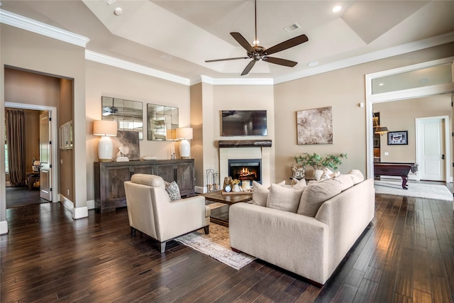 27 S Glenwild Cir, The Woodlands, TX 77389 - living room featuring ceiling fan, dark wood-type flooring, a raised ceiling, billiards table, and recessed lighting