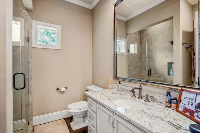 27 S Glenwild Cir, The Woodlands, TX 77389 - full bathroom featuring crown molding, vanity, and a shower stall