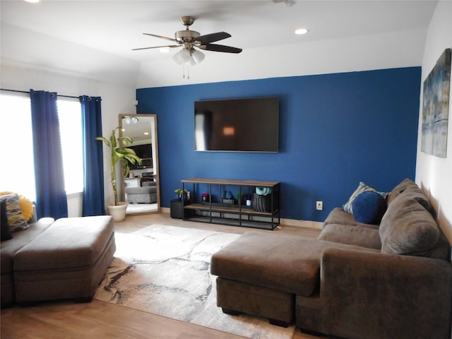 8227 Precious Passing Way, Rosharon, TX 77583 - living area featuring ceiling fan, wood finished floors, and recessed lighting